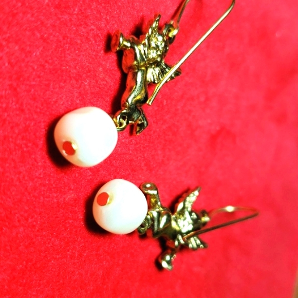 Antique Angel Faux Pearl  Gold Tone Dangle Earrings - Picture 6 of 7